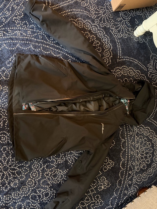 Eddie Bauer Jackets & Blazers - Eddie Bauer Black Hooded Raincoat with Floral Trim